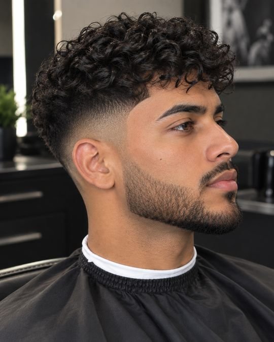 Loose curls on top with a clean low taper fade