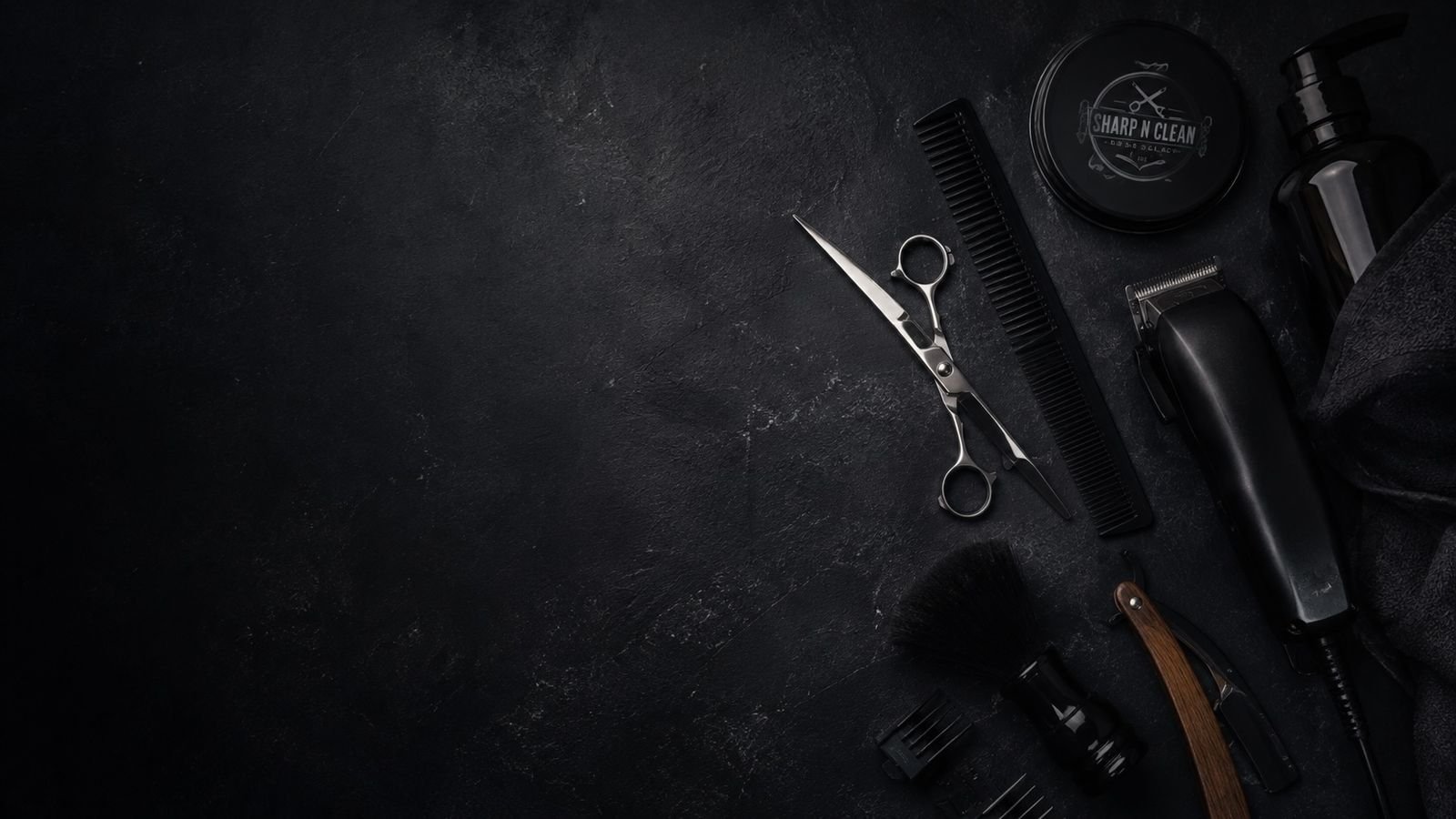 Barber tools — scissors, clippers, comb and razor laid out on a dark counter